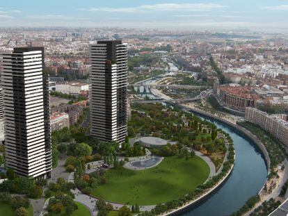 Proyecci&oacute;n del &aacute;mbito urban&iacute;stico del Calder&oacute;n, con dos rascacielos de 36 pisos junto al Manzanares.