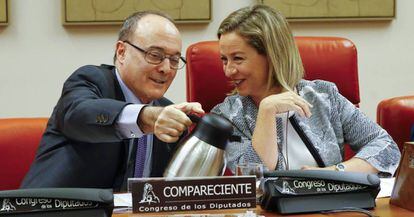 El gobernador del Banco de Espa&ntilde;a, Luis Mar&iacute;a Linde, junto a la portavoz de Coalici&oacute;n Canaria (CC) en el Congreso, Ana Oramas.