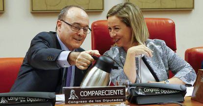 El gobernador del Banco de España, Luis María Linde, junto a la portavoz de Coalición Canaria (CC) en el Congreso, Ana Oramas.