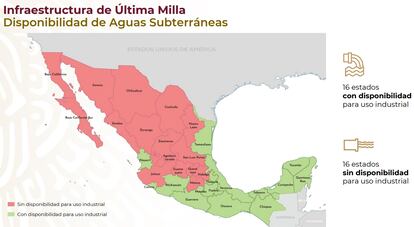 Un mapa que muestra la disponibilidad de infraestructura para el uso industrial del agua en los diferentes Estados del país.