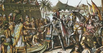 Grabado de Hernán Cortes entrando en Tenochtitlán
