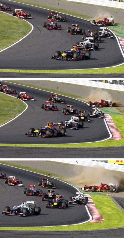 Gran Premio de Japón: La salida de pista del español, tras ser tocado por Raikkonen en la salida, deja al alemán a solo cuatro puntos en el Mundial.