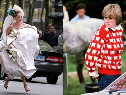 Sarah Jessica Parker interpretando a Carrie en la película de 'Sexo en Nueva York', y Diana de Gales en un partido de polo en 1981.