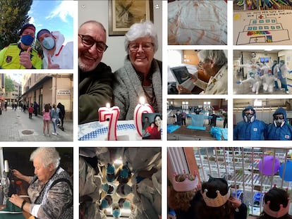 Montaje realizado a partir de algunas de las fotografías de la campaña #arxivemlacovid de l'Associació d'Arxivers-Gestors Documentals de Catalunya, (AAC) a partir de imágenes donadas a los archivos municipales de Salt y Reus, al fotográfico de la Universitat de Vic y al Arxiu Comarcal de l’Anoia.