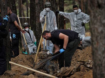 Exhumación el sábado de un cuerpo en un pinar de Izium, este de Ucrania, donde han aparecido más de 400 tumbas tras seis meses bajo ocupación rusa