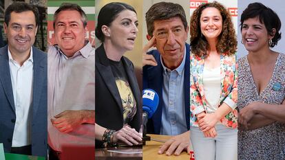 De izquierda a derecha: Juanma Moreno (PP), Juan Espadas (PSOE), Macarena Olona (Vox), Juan Marín (Ciudadanos), Inmaculada Nieto (Por Andalucía) y Teresa Rodríguez (Adelante Andalucía)