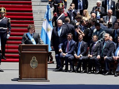 Paraguay's President Santiago Pena, Uruguay's President Luis Lacalle Pou, Ecuador's President Daniel Noboa, Hungarian Prime Minister Viktor Orban, and Brazil's former President Jair Bolsonaro listen as Argentina's President Javier Milei gives a speech after his swearing-in ceremony, outside the National Congress, in Buenos Aires, Argentina December 10, 2023. REUTERS/Agustin Marcarian