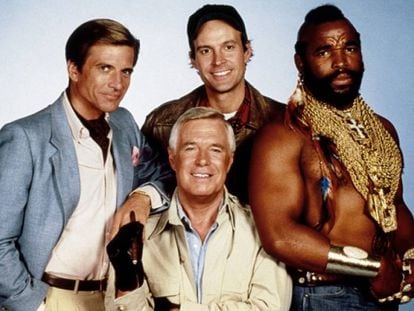 Los protagonistas de la serie 'El Equipo A': Dirk Benedict, George Peppard, Dwight Schultz, y Mr. T., de izquierda a derecha.