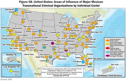 Este mapa, producido por el Departamento de Justicia de EE UU, presenta las áreas de influencia de los principales grupos de crimen organizado mexicano en territorio estadounidense. El Cartel de Sinaloa (naranja), es el que más plazas controla.