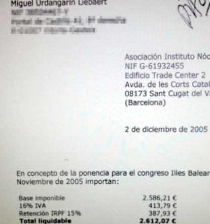 Factura de 2.600 euros del hermano de Iñaki urdangarin, Miguel Urdangarin, por una ponencia.