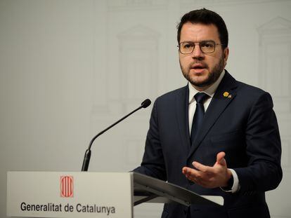 El president Pere Aragonès, este jueves, en una comparecencia en el Palau de la Generalitat.