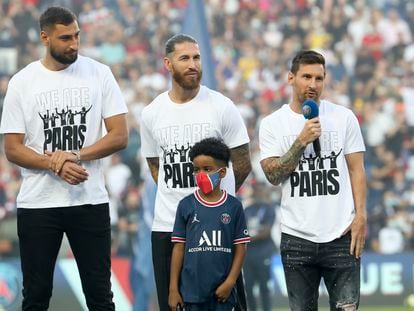 Messi, junto a Donnarumma y a Sergio Ramos, el pasado sábado en el Parque de los Príncipes.