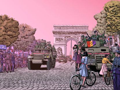 Ilustración de la novela gráfica, de Paco Roca, 'Los surcos del azar', que recrea la entrada de La Nueve a París.