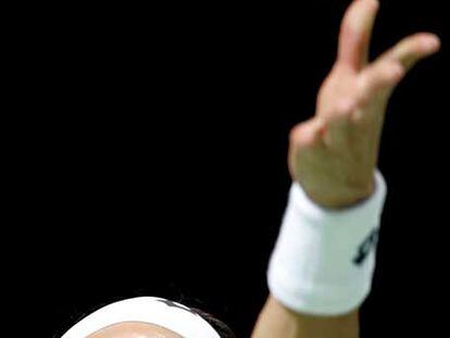 David Ferrer se dispone a efectuar un saque.