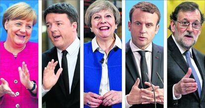 Desde la izquierda, Angela Merkel, Matteo Renzi, Theresa May, Emmanuel Macron y Mariano Rajoy.