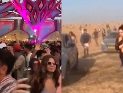 En la captura de la izquierda, decenas de jóvenes bailan durante uno de los conciertos. A la derecha, el antes y el después del ataque al festival de música.