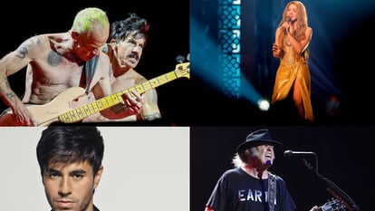 De izquierda a derecha y de arriba a abajo: Red Hot Chili Peppers, Shakira, Enrique Iglesias y Neil Young, artistas que han vendido sus catálogos a Hipgnosis Song Fund