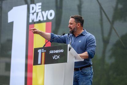 El presidente de Vox, Santiago Abascal, en una concentración convocada en Madrid el pasado 1 de mayo.