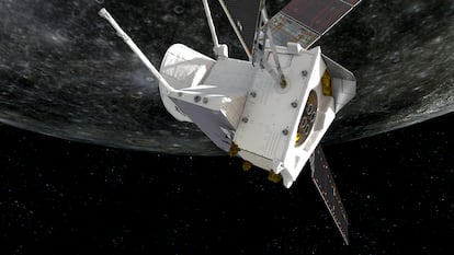 Recreación de la sonda 'BepiColombo' sobrevolando Mercurio.