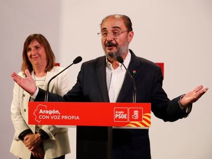 Javier Lambán en rueda de prensa tras conocer los resultados de las elecciones.