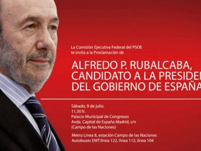 Invitación del PSOE al acto de proclamación de Pérez Rubalcaba.
