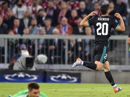 Marco Asensio celebra su gol ante el Bayern en el partido de ida de semifinales de Champions. En vídeo, declaraciones de Zinedine Zidane, entrenador del Real madrid.