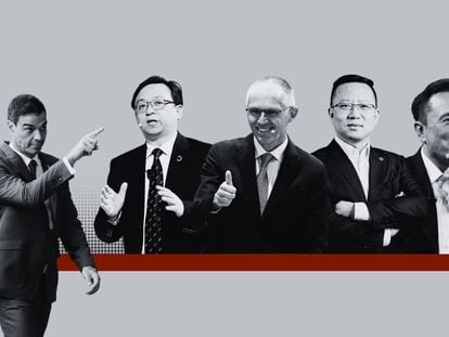 El presidente del Gobierno, Pedro Sánchez; el CEO de de BYD, Wang Chuanfu; el CEO de Stellantis, Carlos Tavares; el CEO de MG, Xinyu Liu y el CEO de Tesla, Elon Musk.