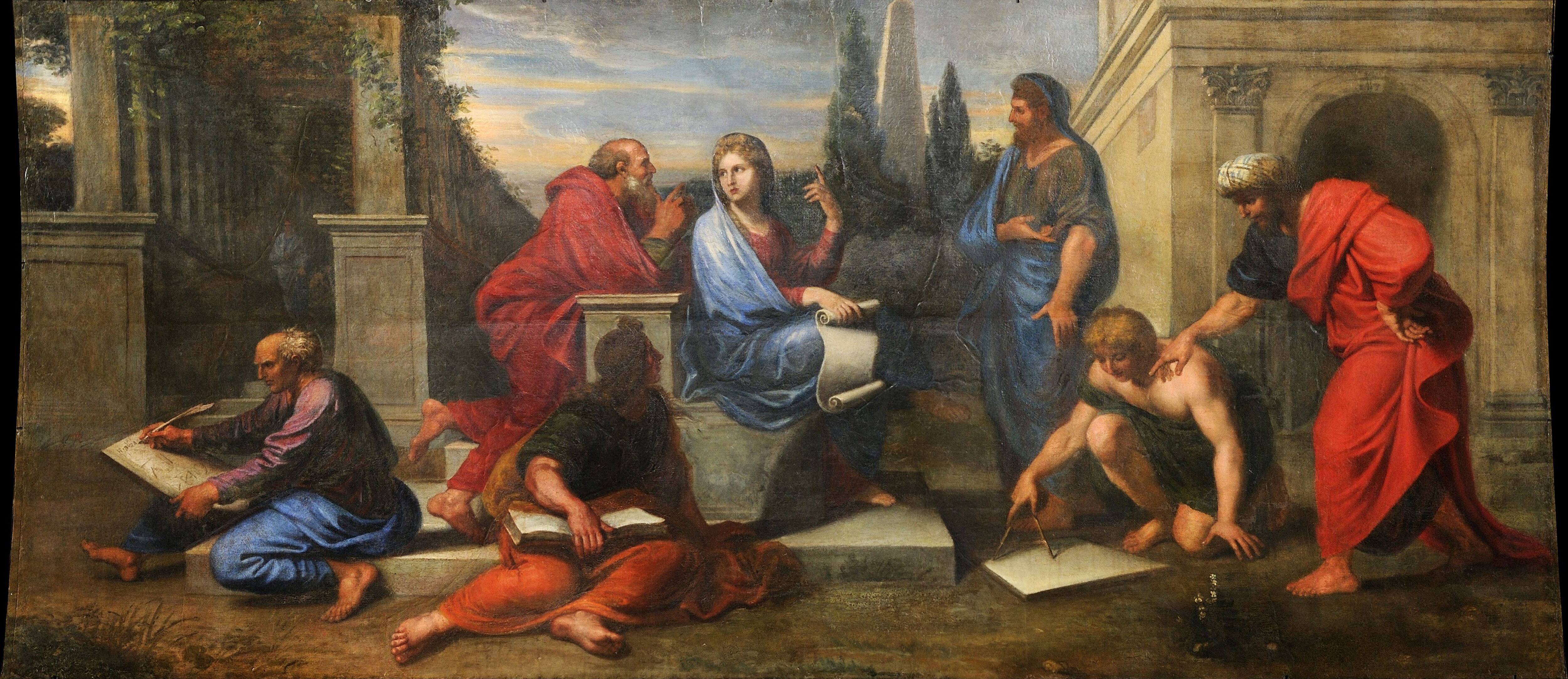 Aspasia rodeada de filósofos griegos, obra de la colección del Museo de la Historia de Francia. 
