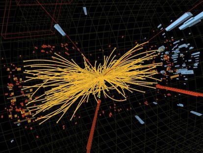 El gráfico del Laboratorio Europeo de Física de Partículas (CERN), presentado en Ginebra en 2019, muestra una colisión de protones en el LHC, realizada para dar con el bosón de Higgs.
