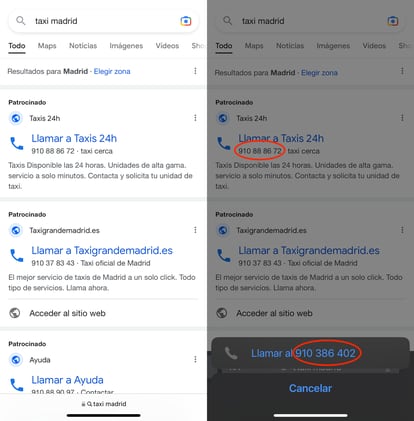 Al buscar en Google desde el teléfono móvil "taxi madrid" para llamar y reservar un taxi, los usuarios encuentran anuncios patrocinados en la parte superior de los resultados, que les invitan a llamar a números 91 distintos de los que anuncian, y en los que se les indica que deben llamar o marcar un 118