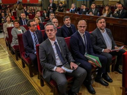 Los líderes independentistas al inicio del juicio, en febrero. En vídeo, claves de un veredicto histórico.