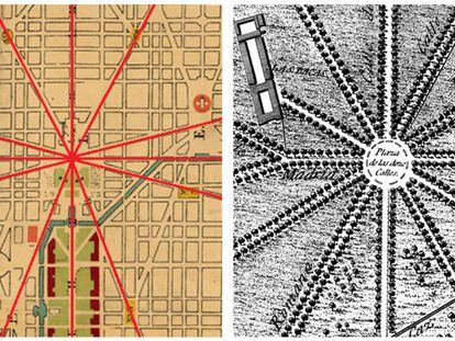 Similitudes de las 12 avenidas. A la izquierda, plano realizado por Pierre L'Enfant para Washington en 1791. A la derecha, plano de las 12 calles de Aranjuez en 1775. 