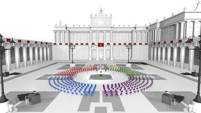 Representación virtual del acto de este jueves en la Plaza de la Armería del Palacio Real de Madrid.