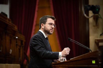 El presidente de la Generalitat, Pere Aragonès, en el pleno del Parlament de este miércoles.