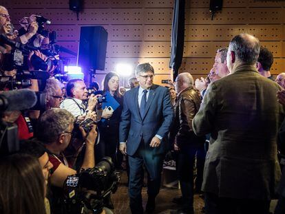 El expresident Carles Puigdemont, en Elna (Francia) para anunciar su candidatura a la presidencia de la Generalitat.