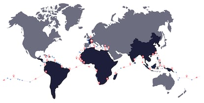 Mapa del recorrido que hará el barco Plastic Odyssey durante su expedición de tres años.