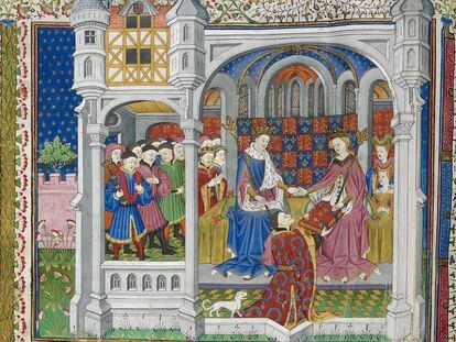 Margarita de Anjou, derecha, junto a Enrique VI, en una iluminación de John Talbot (1444) del 'Libro de Shrewsbury'.