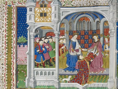 Margarita de Anjou, derecha, junto a Enrique VI, en una iluminación de John Talbot (1444) del 'Libro de Shrewsbury'.