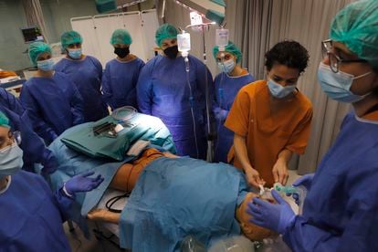 Alumnos de Medicina participan en una clase de práctica en la Universitat Internacional de Catalunya, el pasado año.