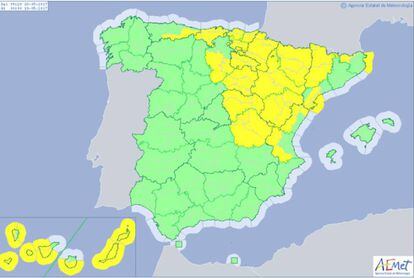 La previsión de avisos para hoy de Aemet.