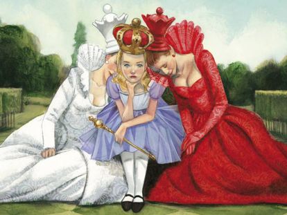 Ilustración de la Reina Roja, la Reina Blanca y Alicia en el libro ‘Alicia a través del espejo’.