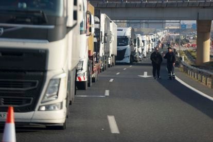 Decenas de camiones permanecen parados este miércoles en la A-4 a la altura de Madridejos (Toledo). 