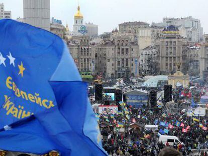 La protesta proeuropea en la plaza de la Independencia de Kiev el s&aacute;bado.