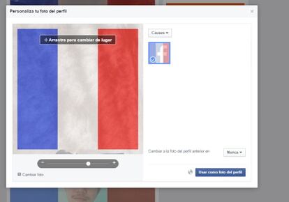 Herramienta que permite sobreexponer la bandera de Francia a la imagen de perfil de los usuarios de Facebook.