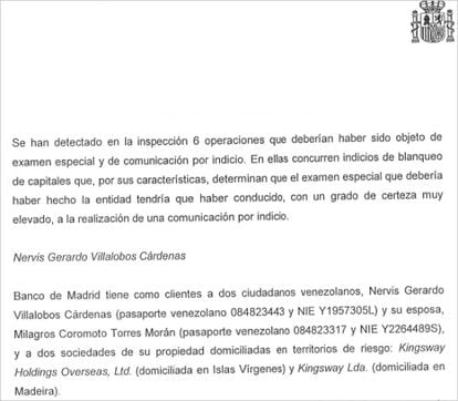 Fragmento del informe del Sepblac sobre Banco Madrid.
