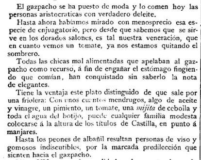 Artículo sobre el gazpacho en 'Madrid Cómico', 10 de julio de 1886.