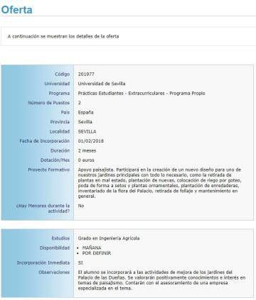 La oferta publicada para trabajar en Dueñas en el portal de gestión de prácticas utilizado por las universidades públicas andaluzas.