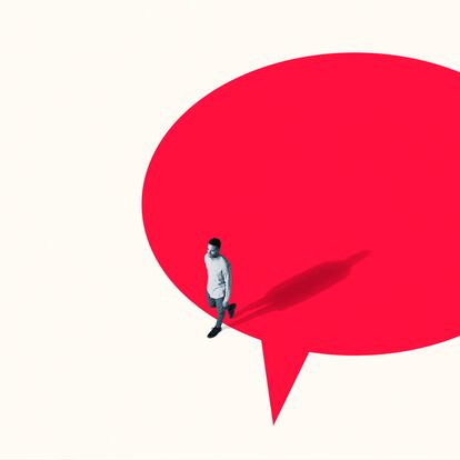 High angle view of young man walking out from vibrant red speech bubble against white background