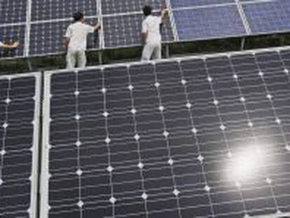 Trabajadores limpian paneles solares en China.