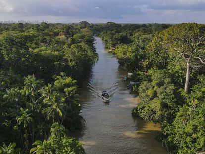Fotografía aérea de un bote navegando por un río en una zona de la selva Amazónica, el 6 de agosto de 2023, en el Estado de Pará (Brasil).